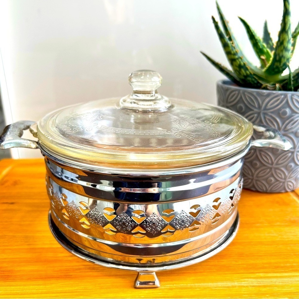 Vintage Glassbake 205-215 casserole with lid in footed Reticulated silver server